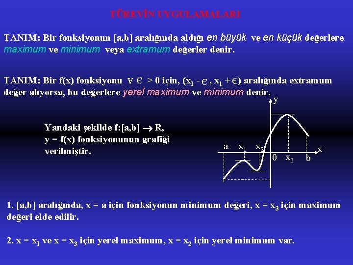 TÜREVİN UYGULAMALARI TANIM: Bir fonksiyonun [a, b] aralığında aldığı en büyük ve en küçük