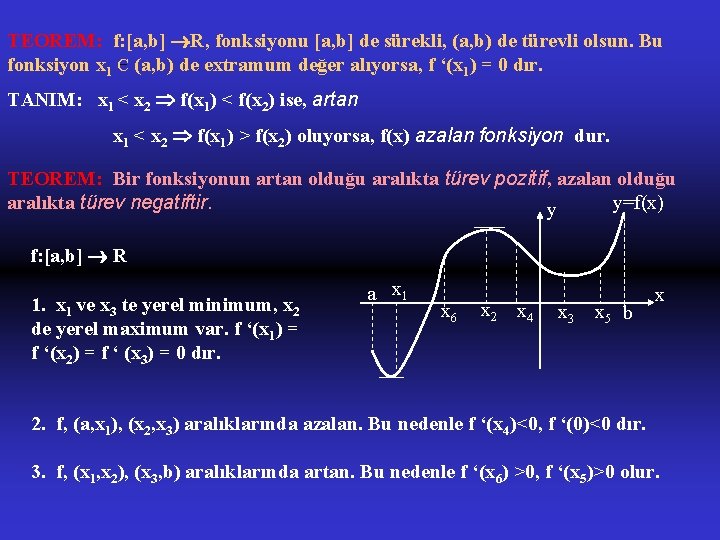 TEOREM: f: [a, b] R, fonksiyonu [a, b] de sürekli, (a, b) de türevli