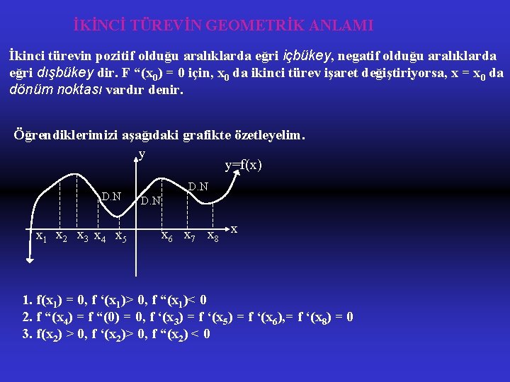 İKİNCİ TÜREVİN GEOMETRİK ANLAMI İkinci türevin pozitif olduğu aralıklarda eğri içbükey, negatif olduğu aralıklarda