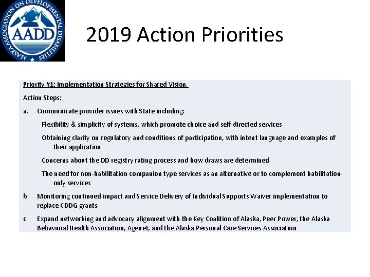 2019 Action Priorities Priority #1: Implementation Strategies for Shared Vision. Action Steps: a. Communicate