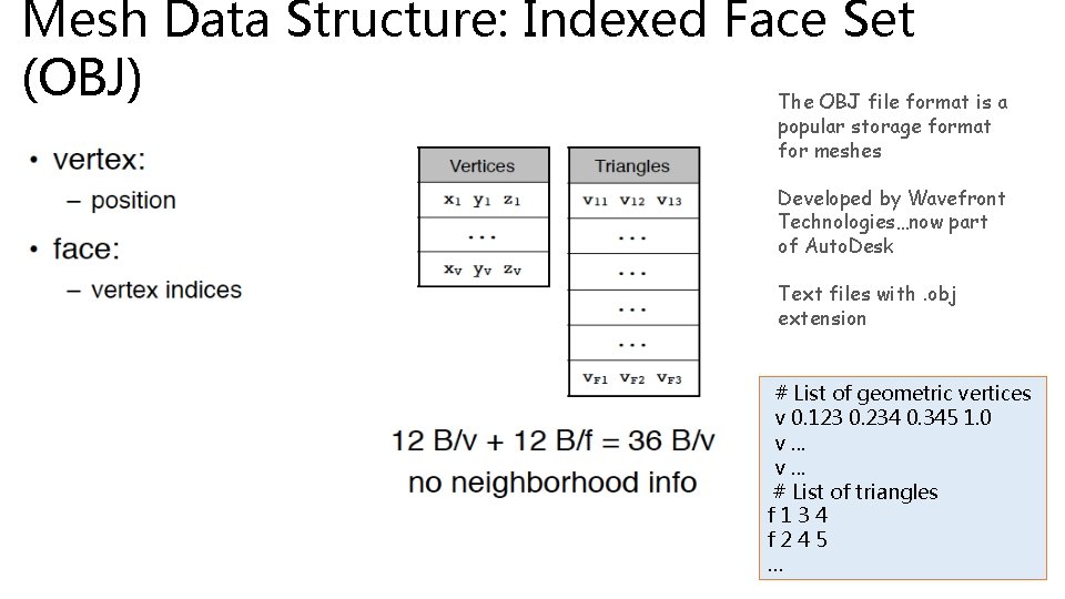 Mesh Data Structure: Indexed Face Set (OBJ) The OBJ file format is a popular