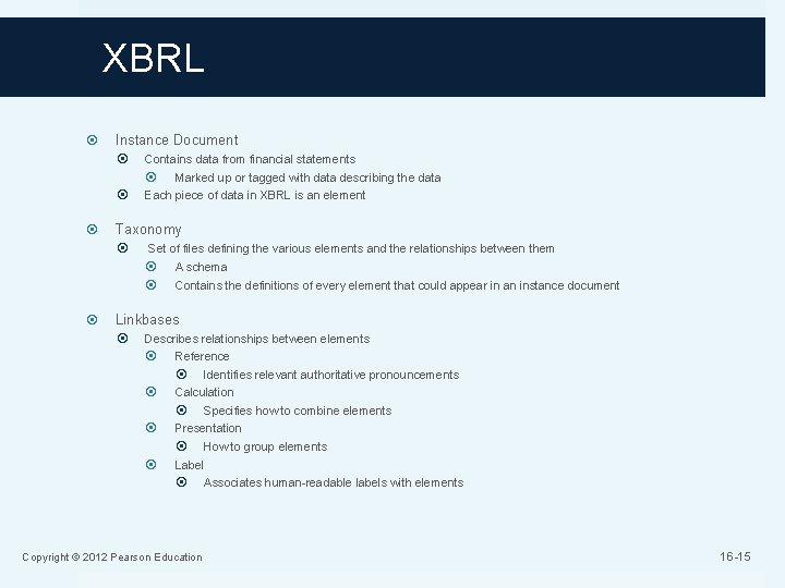 XBRL Instance Document Contains data from financial statements Marked up or tagged with data