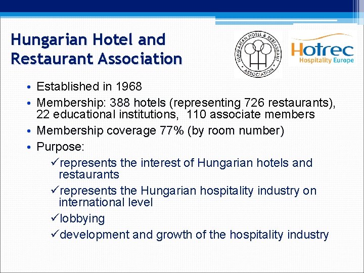 Hungarian Hotel and Restaurant Association • Established in 1968 • Membership: 388 hotels (representing