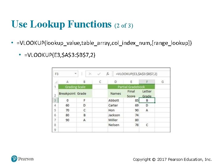 Use Lookup Functions (2 of 3) • =VLOOKUP(lookup_value, table_array, col_index_num, [range_lookup]) • =VLOOKUP(E 3,