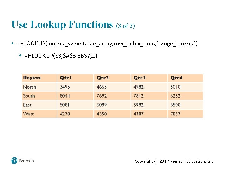 Use Lookup Functions (3 of 3) • =HLOOKUP(lookup_value, table_array, row_index_num, [range_lookup]) • =HLOOKUP(E 3,