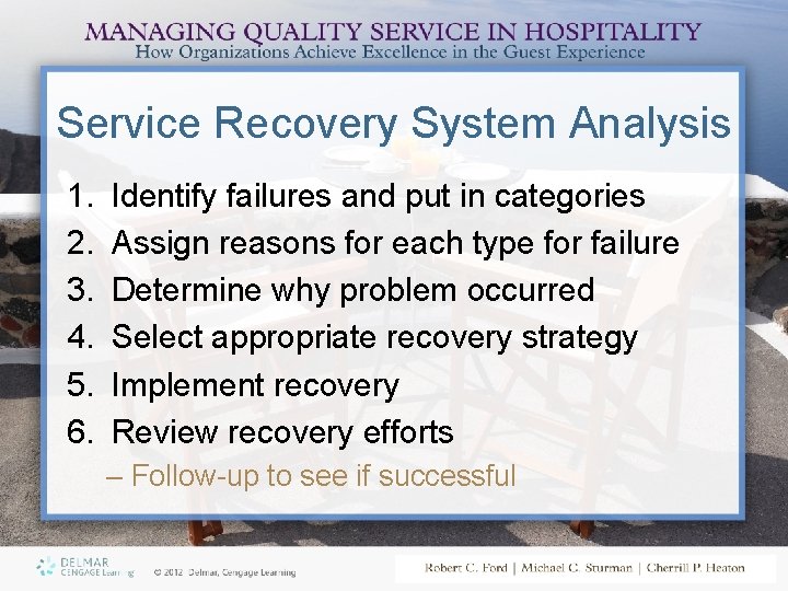 Service Recovery System Analysis 1. 2. 3. 4. 5. 6. Identify failures and put