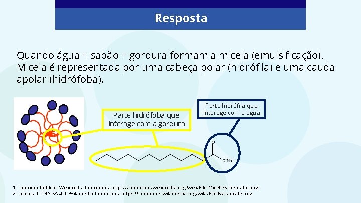 Resposta Quando água + sabão + gordura formam a micela (emulsificação). Micela é representada