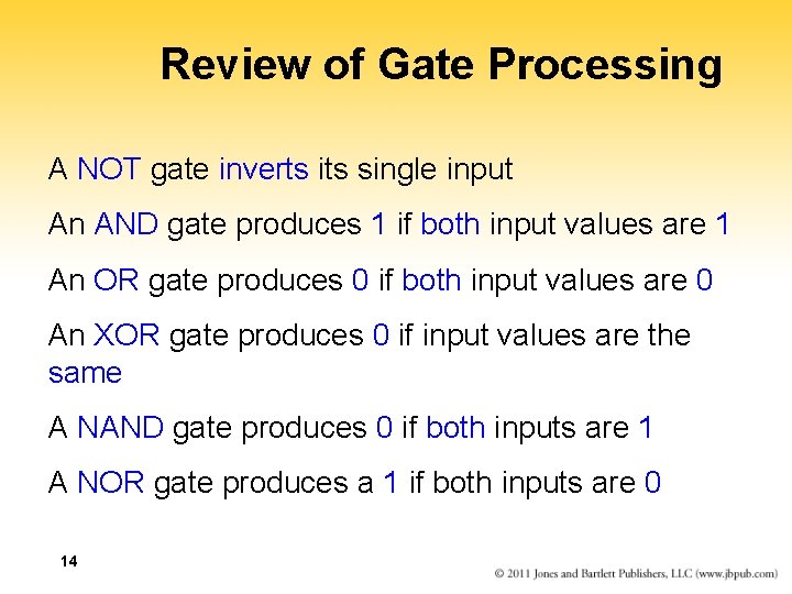 Review of Gate Processing A NOT gate inverts its single input An AND gate