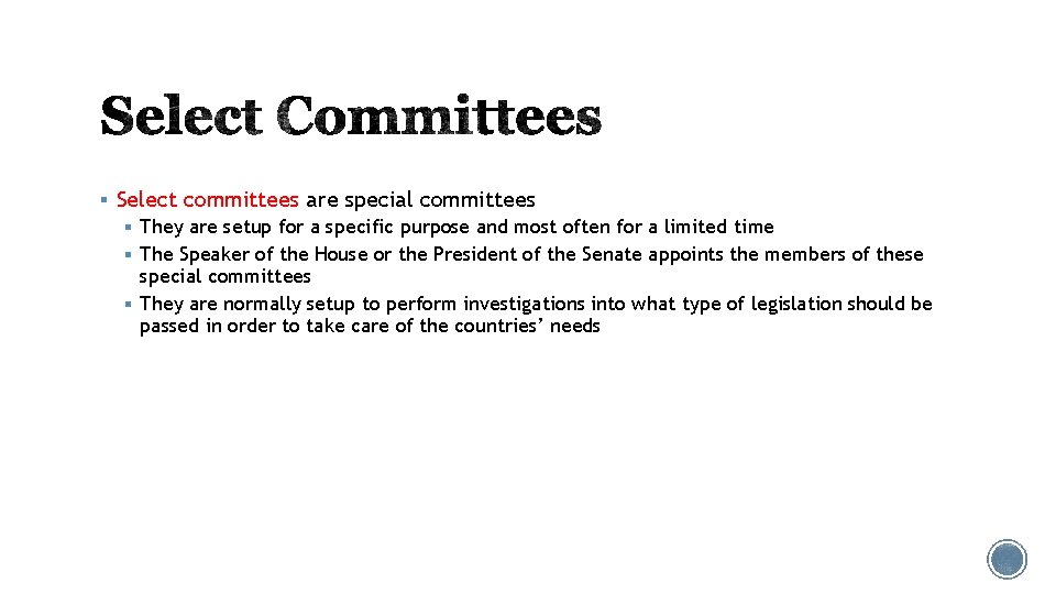 § Select committees are special committees § They are setup for a specific purpose