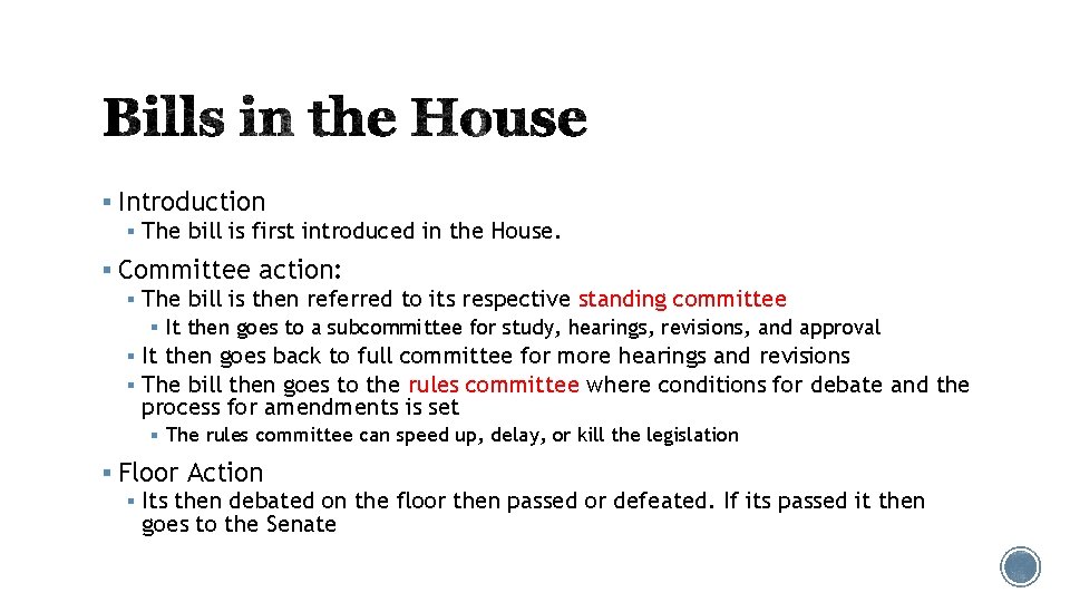 § Introduction § The bill is first introduced in the House. § Committee action: