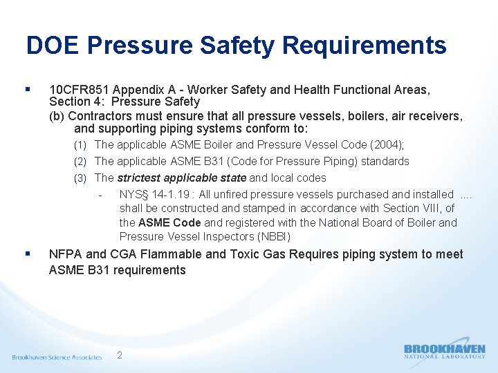 DOE Pressure Safety Requirements § 10 CFR 851 Appendix A - Worker Safety and