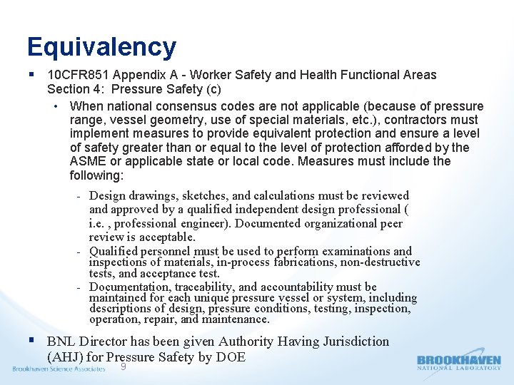 Equivalency § 10 CFR 851 Appendix A - Worker Safety and Health Functional Areas