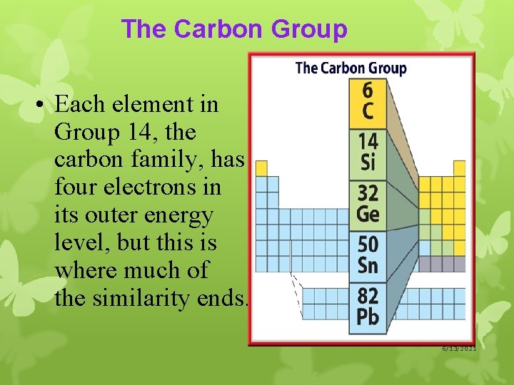 The Carbon Group • Each element in Group 14, the carbon family, has four