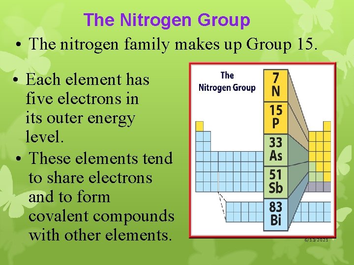 The Nitrogen Group • The nitrogen family makes up Group 15. • Each element