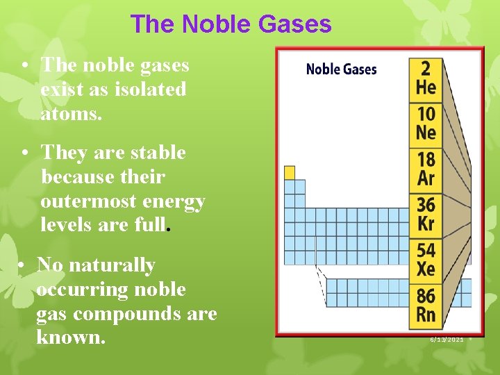 The Noble Gases • The noble gases exist as isolated atoms. • They are