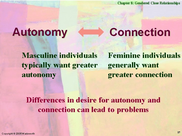 Chapter 8: Gendered Close Relationships Autonomy Masculine individuals typically want greater autonomy Connection Feminine