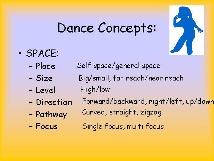 Dance Concepts: • SPACE: – – – Self space/general space Place Big/small, far reach/near