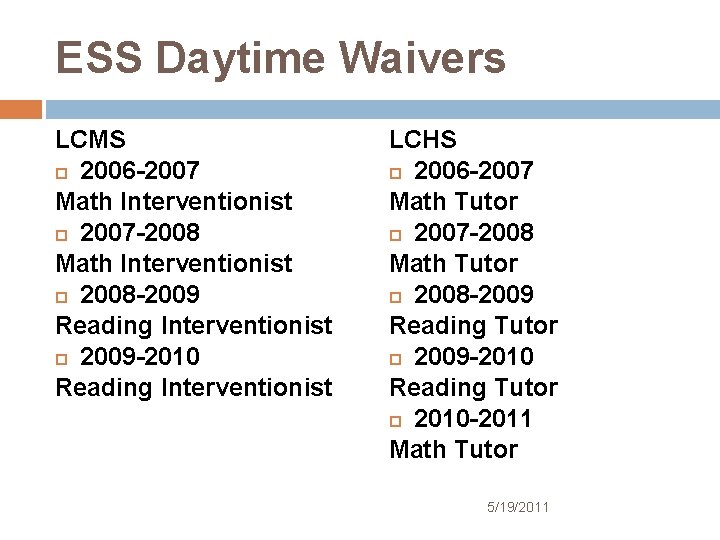 ESS Daytime Waivers LCMS 2006 -2007 Math Interventionist 2007 -2008 Math Interventionist 2008 -2009