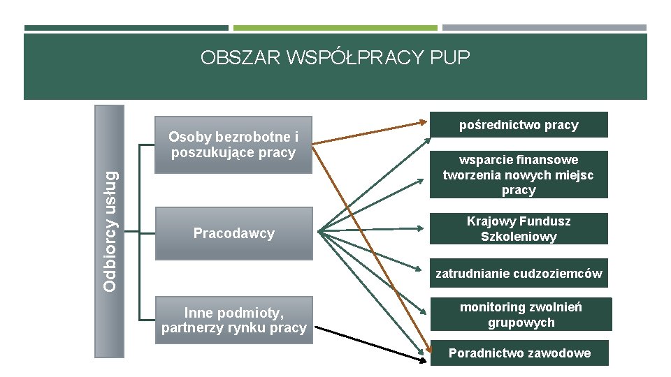 OBSZAR WSPÓŁPRACY PUP Odbiorcy usług Osoby bezrobotne i poszukujące pracy Pracodawcy pośrednictwo pracy wsparcie