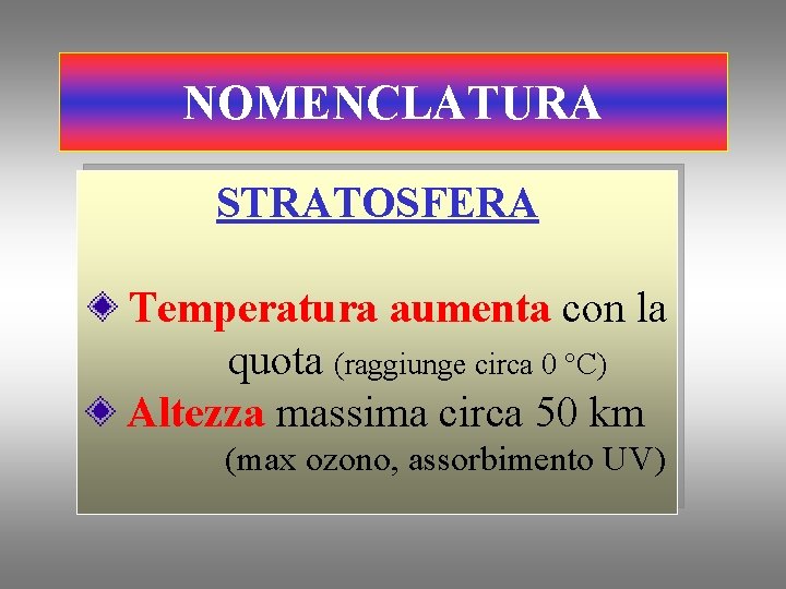 NOMENCLATURA STRATOSFERA Temperatura aumenta con la quota (raggiunge circa 0 °C) Altezza massima circa