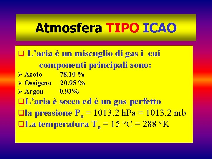 Atmosfera TIPO ICAO q Ø Ø Ø L’aria è un miscuglio di gas i