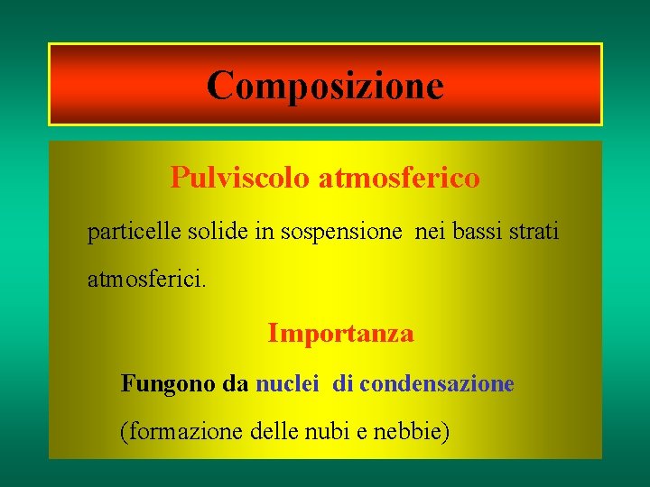 Composizione Pulviscolo atmosferico particelle solide in sospensione nei bassi strati atmosferici. Importanza Fungono da