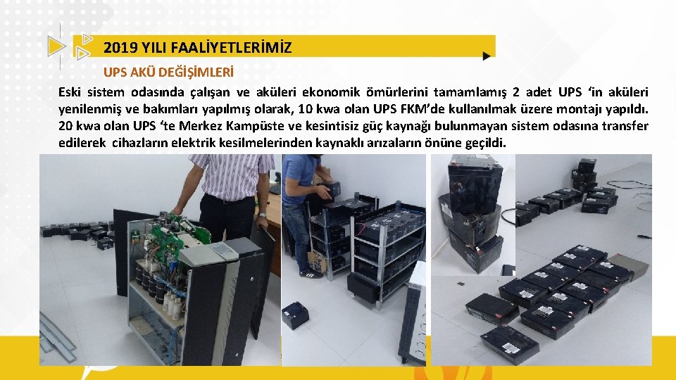 2019 YILI FAALİYETLERİMİZ UPS AKÜ DEĞİŞİMLERİ Eski sistem odasında çalışan ve aküleri ekonomik ömürlerini