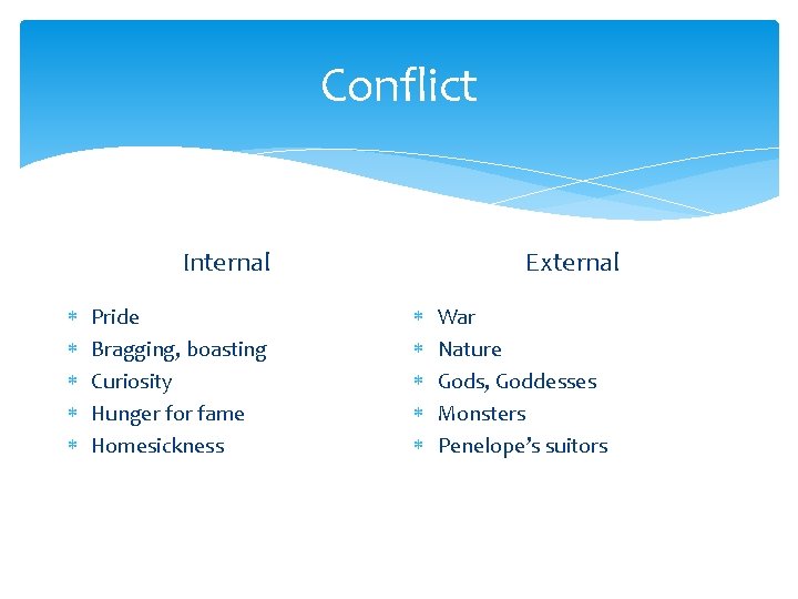 Conflict External Internal Pride Bragging, boasting Curiosity Hunger for fame Homesickness War Nature Gods,