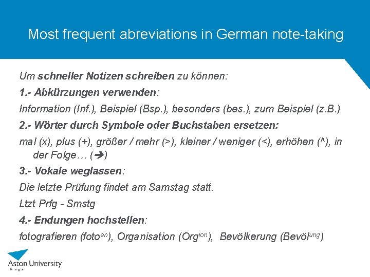 Most frequent abreviations in German note-taking Um schneller Notizen schreiben zu können: 1. - Most frequent abreviations in German note-taking Um schneller Notizen schreiben zu können: 1. -