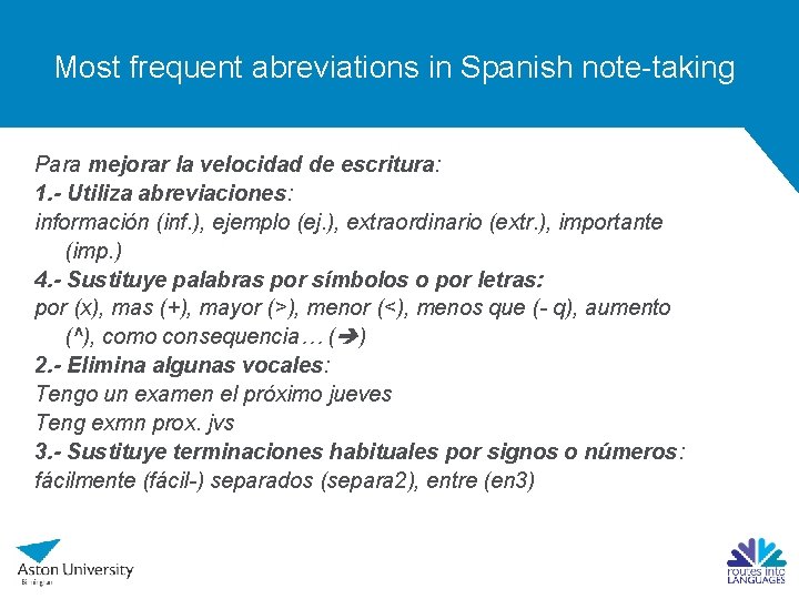 Most frequent abreviations in Spanish note-taking Para mejorar la velocidad de escritura: 1. - Most frequent abreviations in Spanish note-taking Para mejorar la velocidad de escritura: 1. -