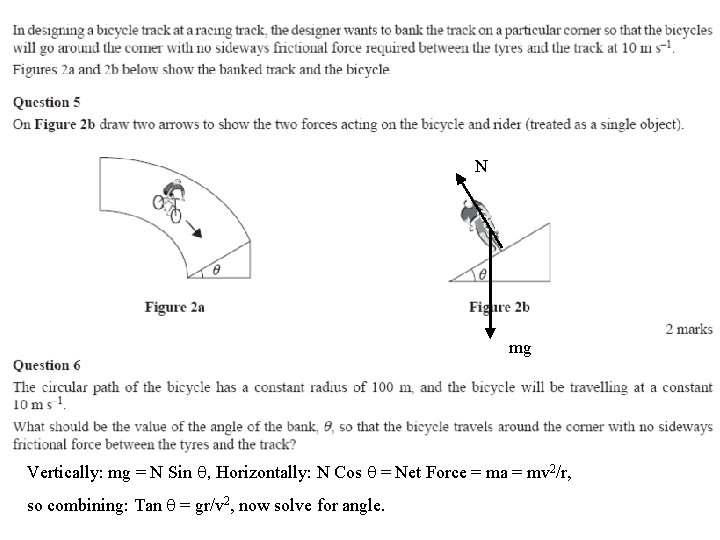 N mg Vertically: mg = N Sin q, Horizontally: N Cos q = Net