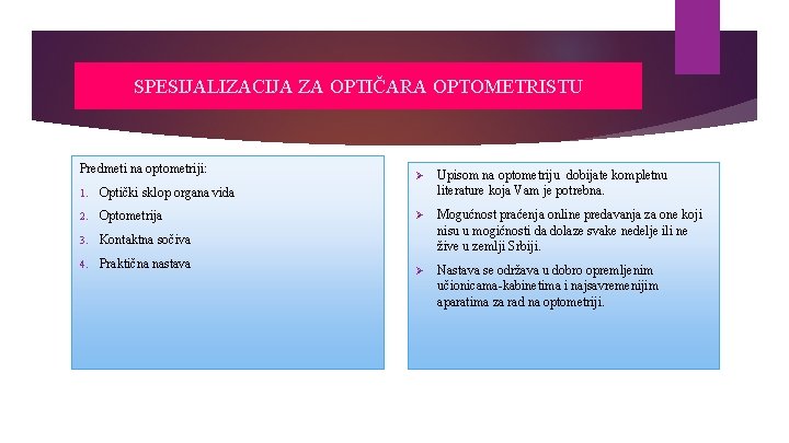 SPESIJALIZACIJA ZA OPTIČARA OPTOMETRISTU Predmeti na optometriji: 1. Optički sklop organa vida 2. Optometrija