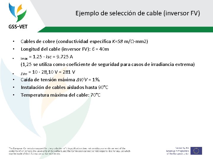 Ejemplo de selección de cable (inversor FV) • • Cables de cobre (conductividad específica