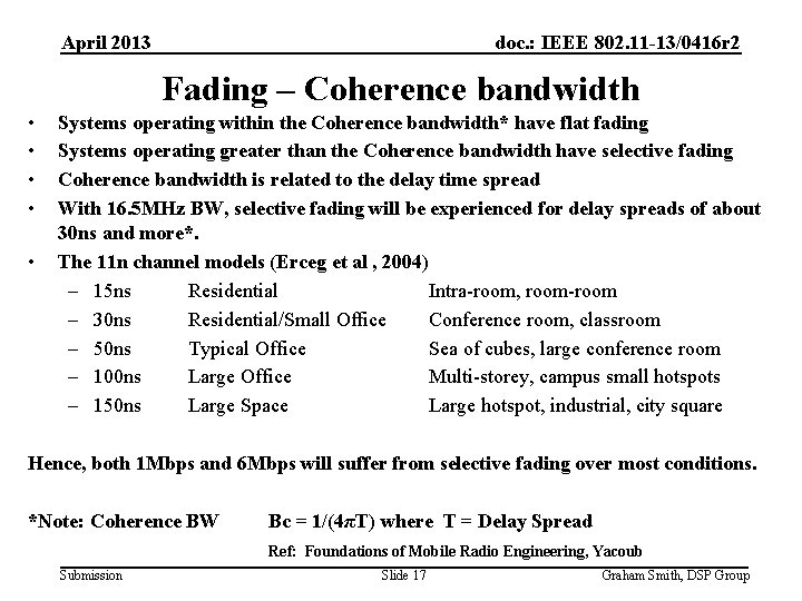 April 2013 doc. : IEEE 802. 11 -13/0416 r 2 Fading – Coherence bandwidth