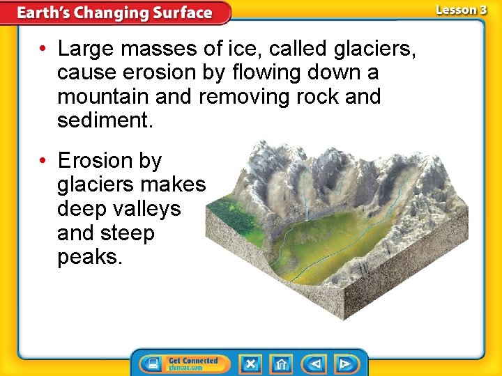  • Large masses of ice, called glaciers, cause erosion by flowing down a