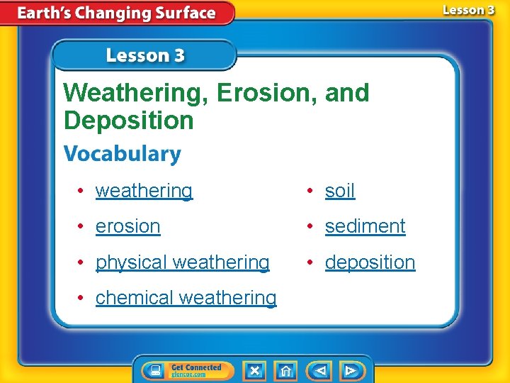 Weathering, Erosion, and Deposition • weathering • soil • erosion • sediment • physical