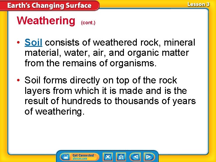 Weathering (cont. ) • Soil consists of weathered rock, mineral material, water, air, and