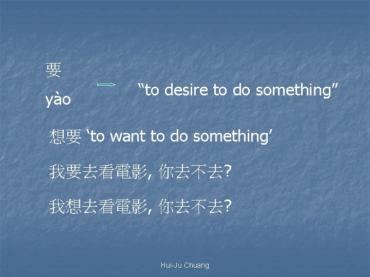 要 yào “to desire to do something” 想要 ‘to want to do something’ 我要去看電影,