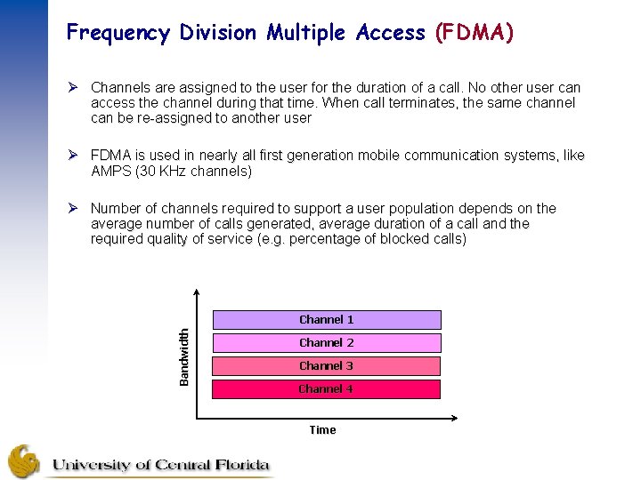 Frequency Division Multiple Access (FDMA) Ø Channels are assigned to the user for the