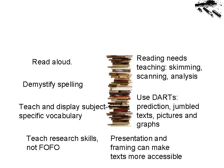 Read aloud. Demystify spelling Teach and display subjectspecific vocabulary Teach research skills, not FOFO