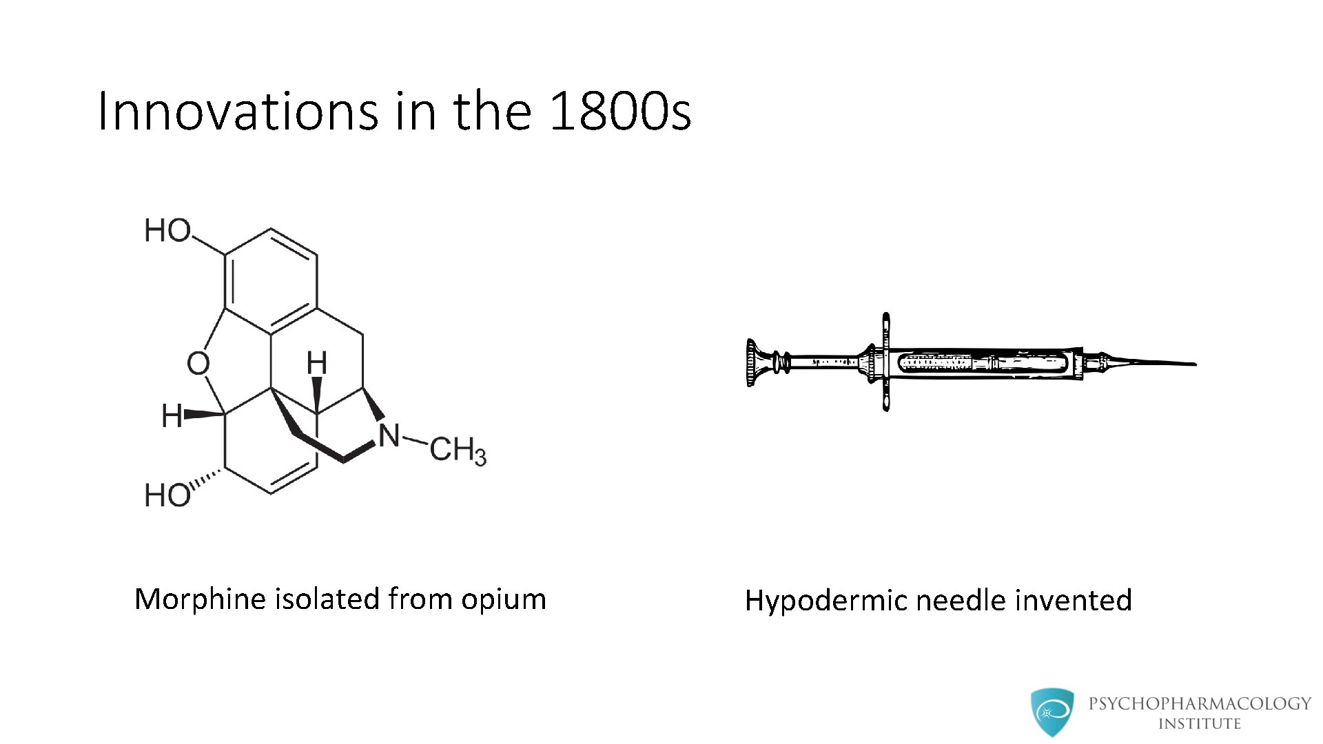 Innovations in the 1800 s Morphine isolated from opium Hypodermic needle invented 