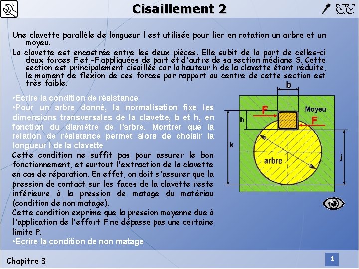 Cisaillement 2 Une clavette parallèle de longueur l est utilisée pour lier en rotation