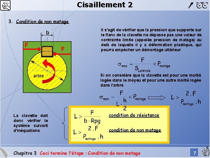 Cisaillement 2 3. Condition de non matage F F Il s'agit de vérifier que