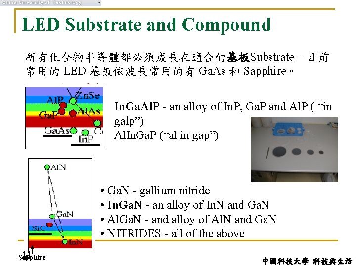 LED Substrate and Compound 所有化合物半導體都必須成長在適合的基板Substrate。目前 常用的 LED 基板依波長常用的有 Ga. As 和 Sapphire。 In. Ga.