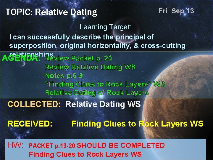 TOPIC: Relative Dating Fri Sep 13 Learning Target: I can successfully describe the principal
