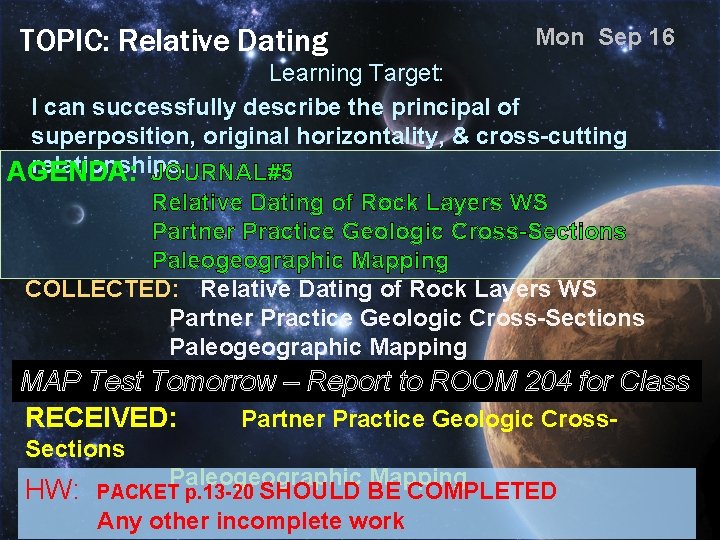 TOPIC: Relative Dating Mon Sep 16 Learning Target: I can successfully describe the principal