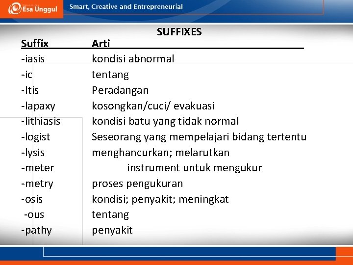 Suffix -iasis -ic -Itis -lapaxy -lithiasis -logist -lysis -meter -metry -osis -ous -pathy SUFFIXES