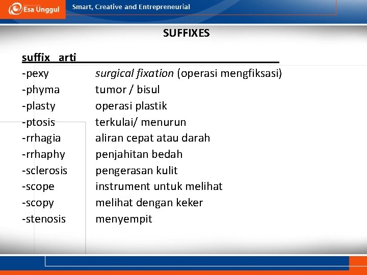SUFFIXES suffix arti -pexy -phyma -plasty -ptosis -rrhagia -rrhaphy -sclerosis -scope -scopy -stenosis surgical