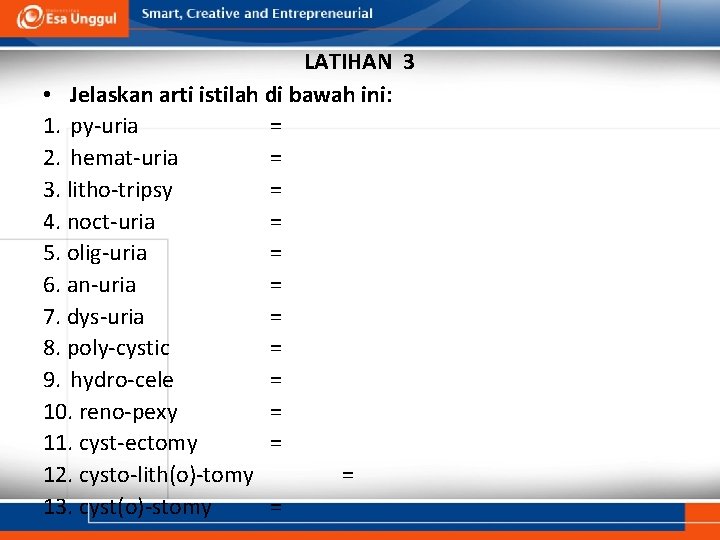 LATIHAN 3 • Jelaskan arti istilah di bawah ini: 1. py-uria = 2. hemat-uria