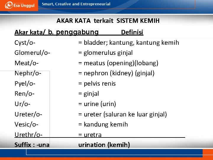 AKAR KATA terkait SISTEM KEMIH Akar kata/ b. penggabung Definisi Cyst/o= bladder; kantung, kantung